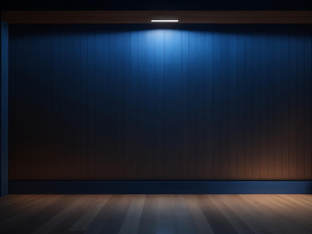 Fond bleu foncé salle vide mur et sol en bois avec spots rendu 3D maquette d'affichage de présentation de produit