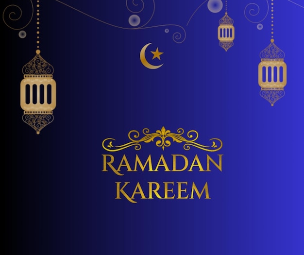 Un fond bleu avec un fond bleu avec une bannière de ramadan et un croissant de lune.