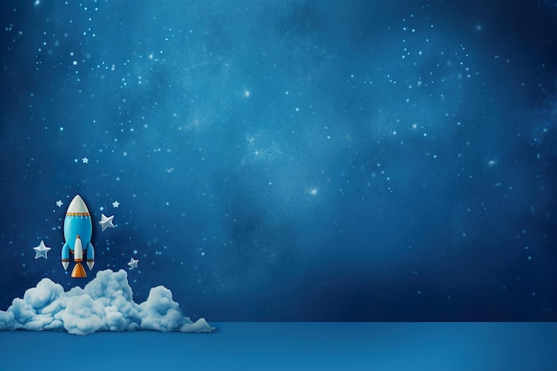 Fond bleu avec fusée spatiale et espace de copie C'est une toile de fond de garçon avec un espace vide pour le texte Baby shower ou fête d'invitation d'anniversaire Annonce de naissance de bébé garçon Journée des hommes AI générative
