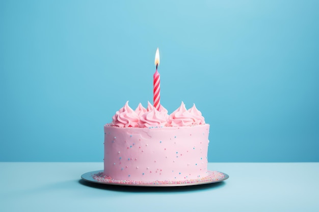 Fond bleu avec un gâteau rose pour l'anniversaire