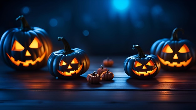 Un fond bleu d'Halloween effrayant avec des citrouilles