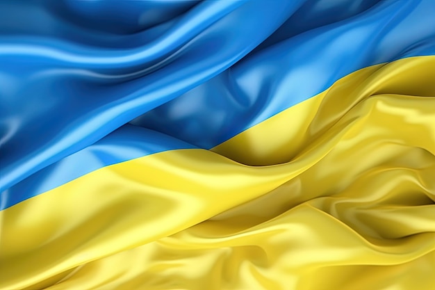 Fond bleu et jaune agitant le drapeau national de l'Ukraine agité gros plan très détaillé