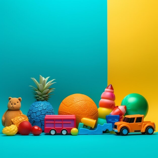 Un fond bleu et jaune avec une variété de jouets dont un camion jouet, un ours, un ananas, un ananas, un ours, un ours, un ours, un ours,