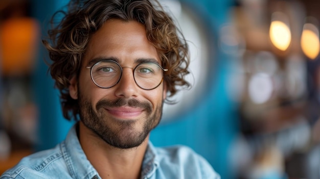 Sur un fond bleu, un jeune homme d'affaires se tient avec son ordinateur portable et regarde la caméra avec un sourire heureux isolant son visage de l'arrière-plan