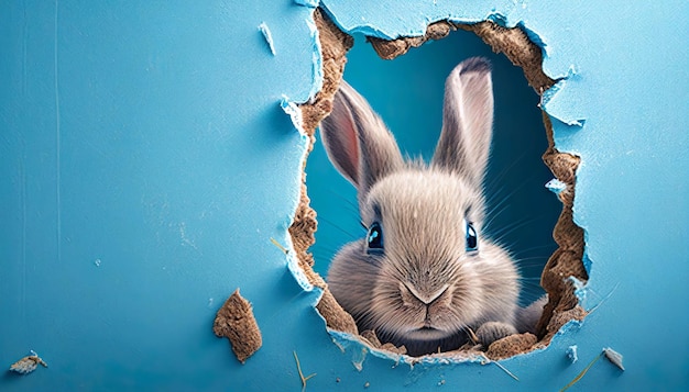 Un fond bleu avec un lapin regardant à travers un trou.