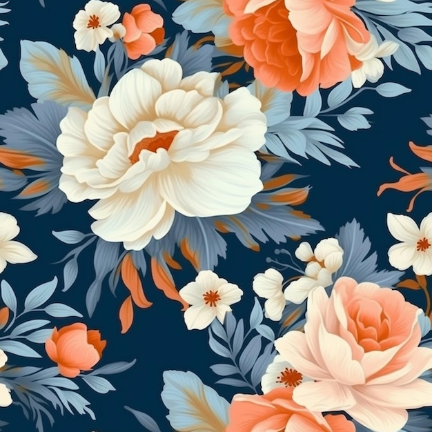 Un fond bleu avec un motif floral et une pivoine blanche en bas.