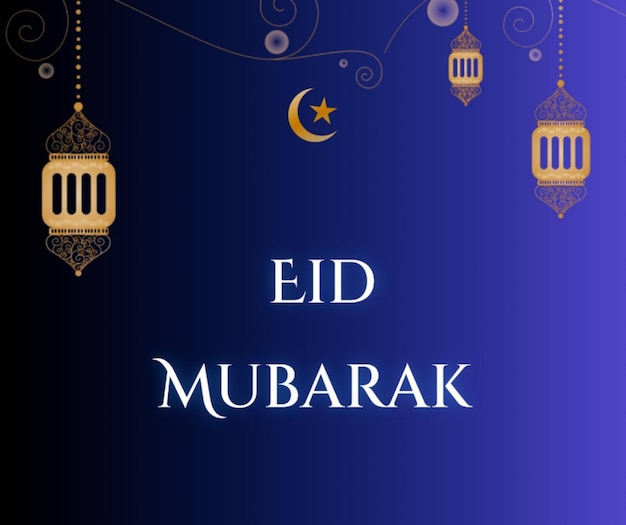 Fond bleu et or avec des lampes arabes et les mots eid mubarak dessus.