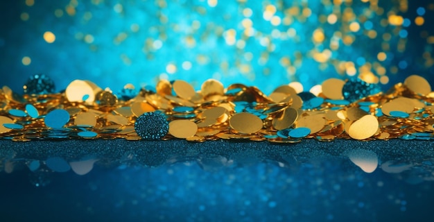 Un fond bleu et or avec des pièces d'or et un fond bleu.
