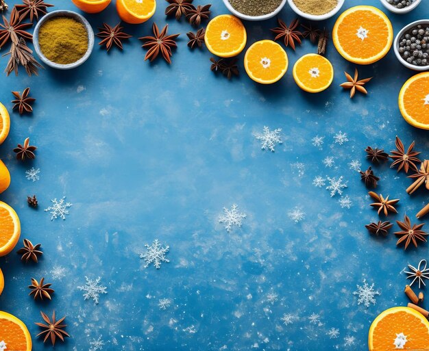 fond bleu orange avec des flocons de neige et des boules