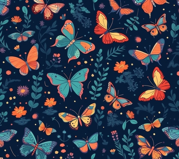 Un fond bleu avec des papillons et des fleurs colorés ai génératif