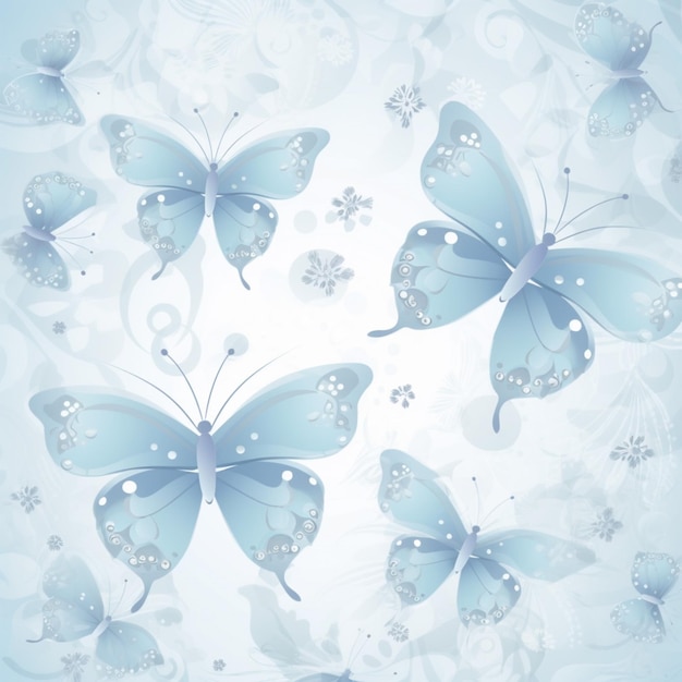 Un fond bleu avec des papillons et des fleurs.