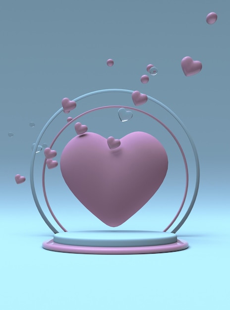 Fond bleu pastel abstrait 3D avec des coeurs roses Scène romantique de la Saint-Valentin