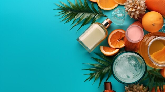 Un fond bleu avec des produits tropicaux