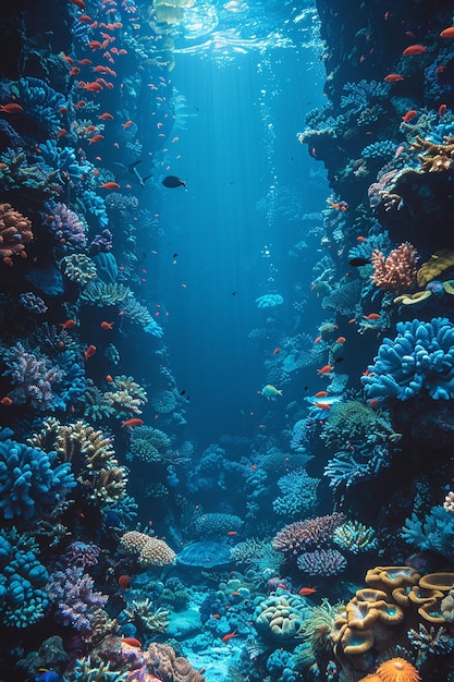 Photo un fond bleu profond de l'océan avec des récifs coralliens