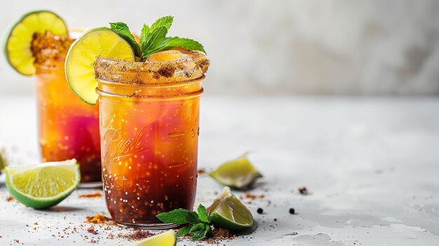 Un fond bleu propre avec une garniture épicée dans un verre michelada mason avec espace IA générative