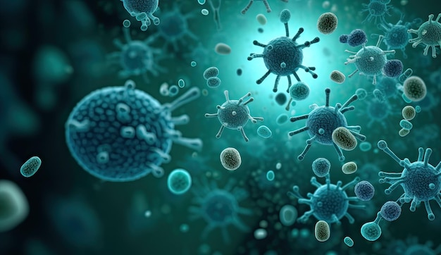 Fond bleu vif avec un microscope révélant une bataille de bactéries, virus et micro