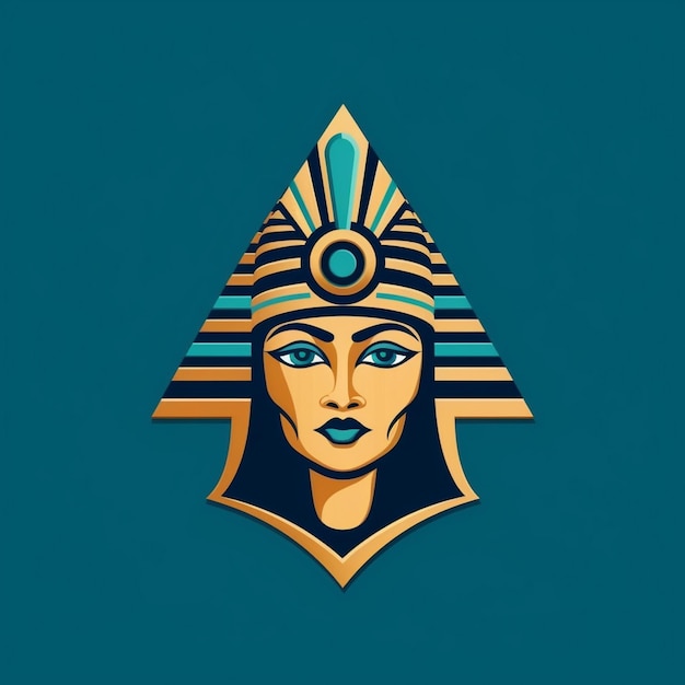 un fond bleu avec un visage de femme et une pyramide dessus.