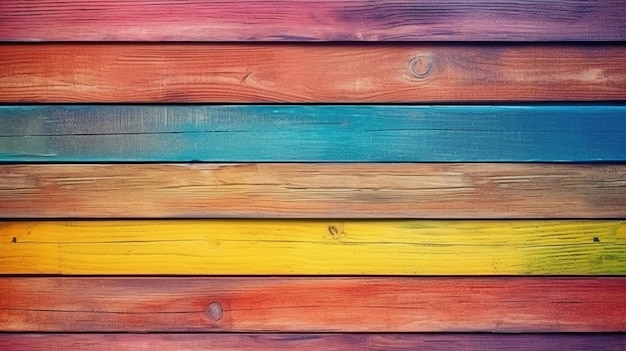 Photo fond en bois ai génératif avec des couleurs vives et un mur de couleur arc-en-ciel