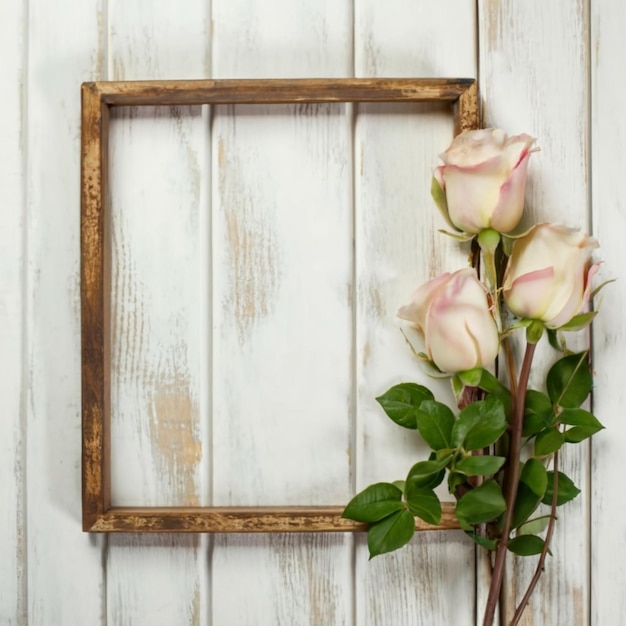 Photo le fond en bois blanc a des roses placées à côté dans un cadre rectangulaire