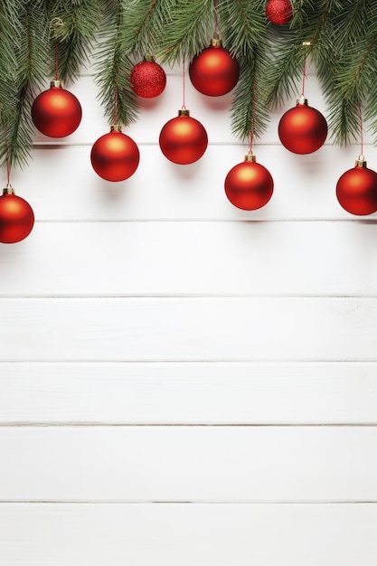 Fond en bois blanc vertical avec des branches de sapin et des boules rouges sur le dessus vide avec un espace pour le texte Noël et nouvel an fond d'hiver