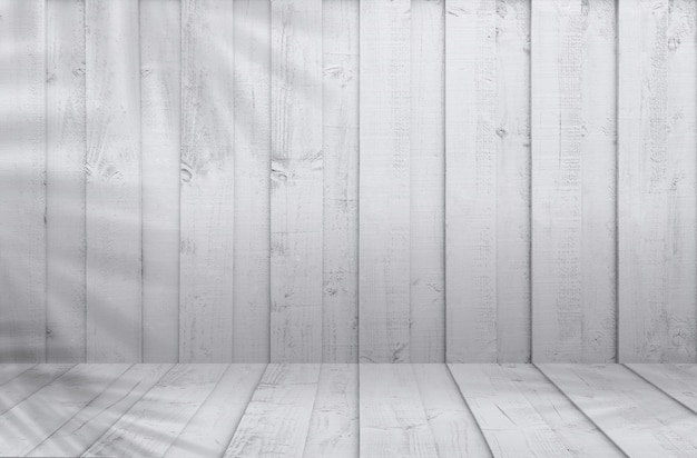 Fond en bois blancTexture en bois lavé avec ombre de feuille de cocotierVintage mur bois feuilles silhouette sur surface rayée avec superposition de feuillesHorizon Toile de fond pour la présentation de l'arrière-plan du produit
