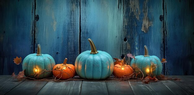 Fond de bois bleu avec espace de copie de citrouilles pour les informations textuelles Génératif par AI