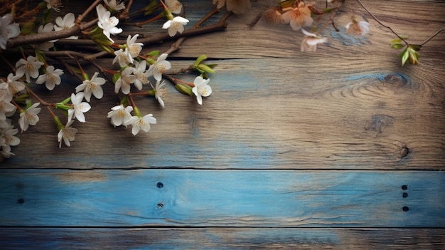 Un fond en bois bleu avec des fleurs et une branche de fleurs de cerisier