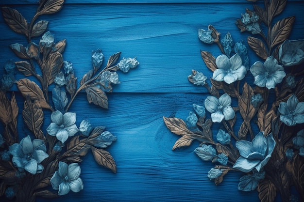 Un fond en bois bleu avec des fleurs dessus
