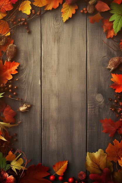 un fond en bois avec une bordure de feuilles d'automne et une place pour le texte.