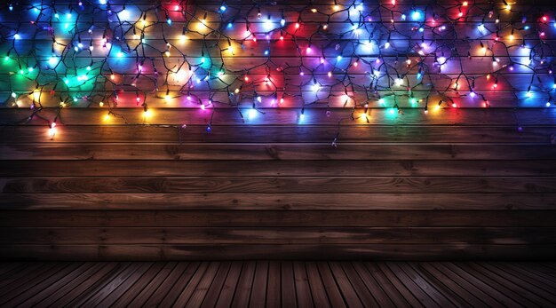 Fond en bois décoré de lumières de Noël Generative AI