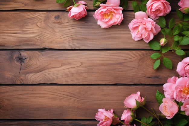 un fond en bois avec des roses roses sur la clôture