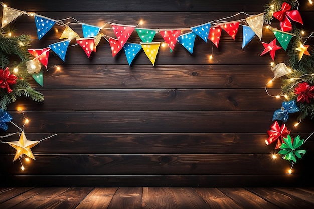 fond en bois sombre avec des lumières et des drapeaux fond de vacances abstrait espace de copie pour le texte