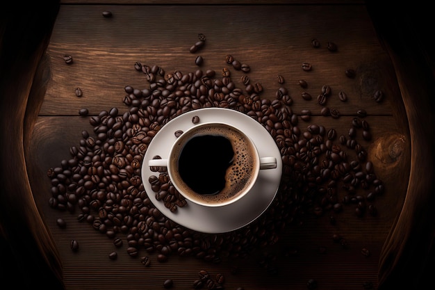 Sur un fond en bois une tasse de café et des grains de café en levant