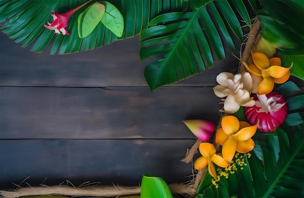 Fond en bois tropical de jungle vibrante avec des motifs floraux de feuillage et des fleurs tropicales
