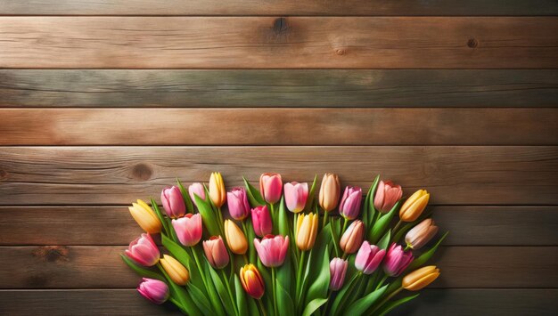 Le fond en bois avec des tulipes colorées