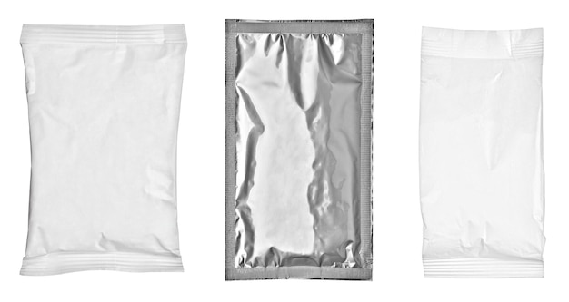 Fond de boîte de modèle de nourriture de paquet de sac de papier en aluminium argenté blanc