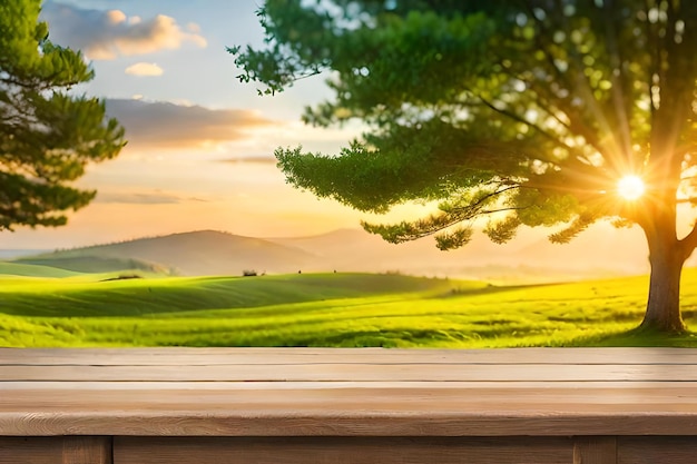 fond de bokeh de prairie verte de printemps avec une table en bois vide