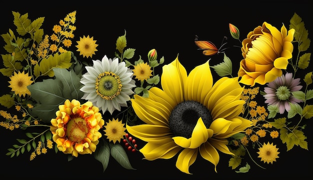 Fond de bordure de fleur de couleur jaune abstrait floral généré par l'IA