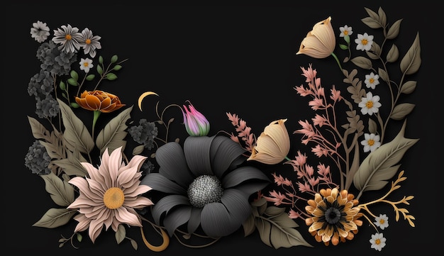 Fond de bordure de fleur de couleur noire abstrait floral généré par l'IA