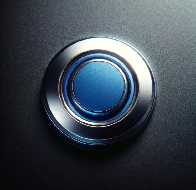 Photo fond d'un bouton bleu brillant élégant dans le bord chrome vu d'en haut sur une surface noire avec