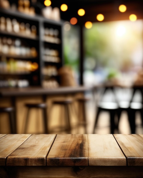 Un fond de café flou avec une table en bois idéale pour l'affichage ou la décoration Generative AI