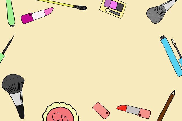 Photo fond carré de cosmétiques ashion avec des objets d'artiste de maquillage. les modèles d'illustration dessinés à la main composent avec place pour le texte