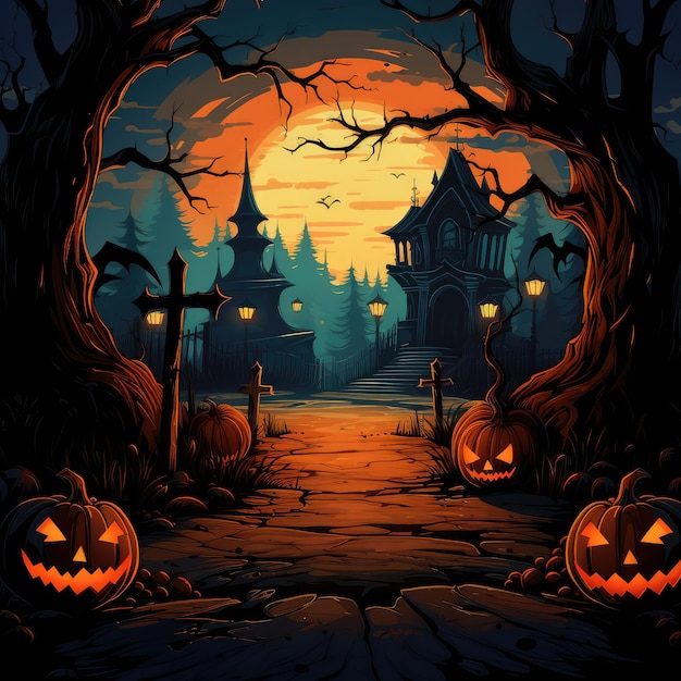 Fond carré d'Halloween avec des citrouilles et des arbres de château effrayants