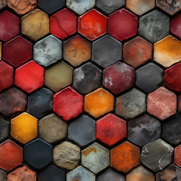 Photo fond de carreaux hexagonaux colorés avec des motifs vibrants et texturés carrelés