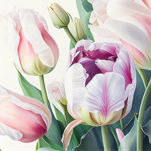 Fond de carte de voeux de fleurs de tulipes blanches aquarelle avec des plantes de tulipes AI générative