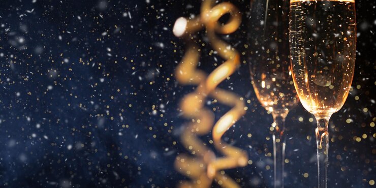 Photo fond de célébration du nouvel an avec carte de noël au champagne