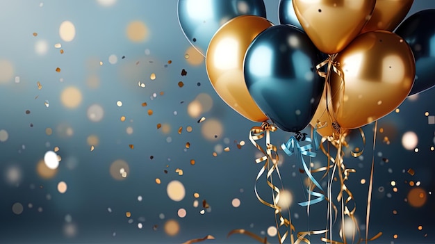 Fond de célébration de fête avec des ballons bleus dorés et argentés Banner