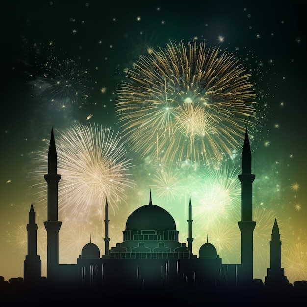 Fond de célébration avec une mosquée et des feux d'artifice dans le ciel nocturne Concept de célébration de l'Aïd
