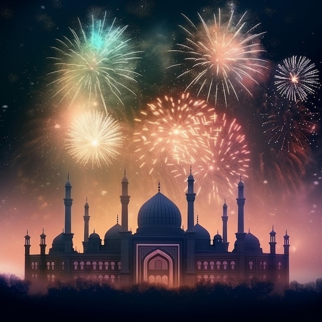 Fond de célébration avec une mosquée et des feux d'artifice dans le ciel nocturne Concept de célébration de l'Aïd