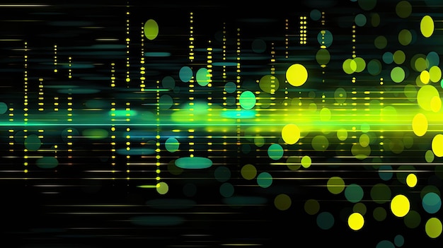 Un fond avec des cercles jaunes néon disposés dans un motif aléatoire avec un effet pixelé et un vhs